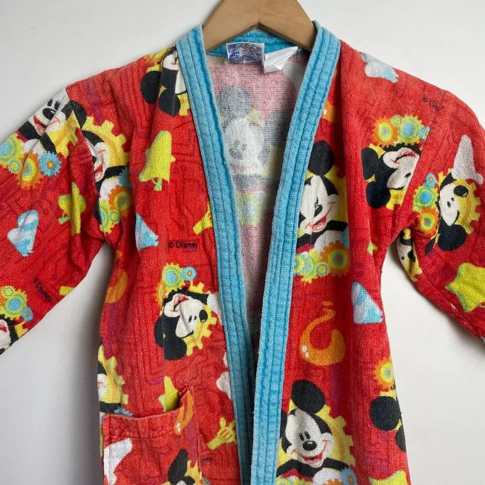 Vintage 80s 90s Disney‎ Mickey Mouse Kids Robe Beach Coverup M/L Orange Blue